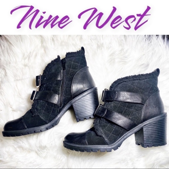 NINE WEST Iskaro Sherpa Trim Black Quilted Suede Bootie, Size 8 - Picture 1 of 10